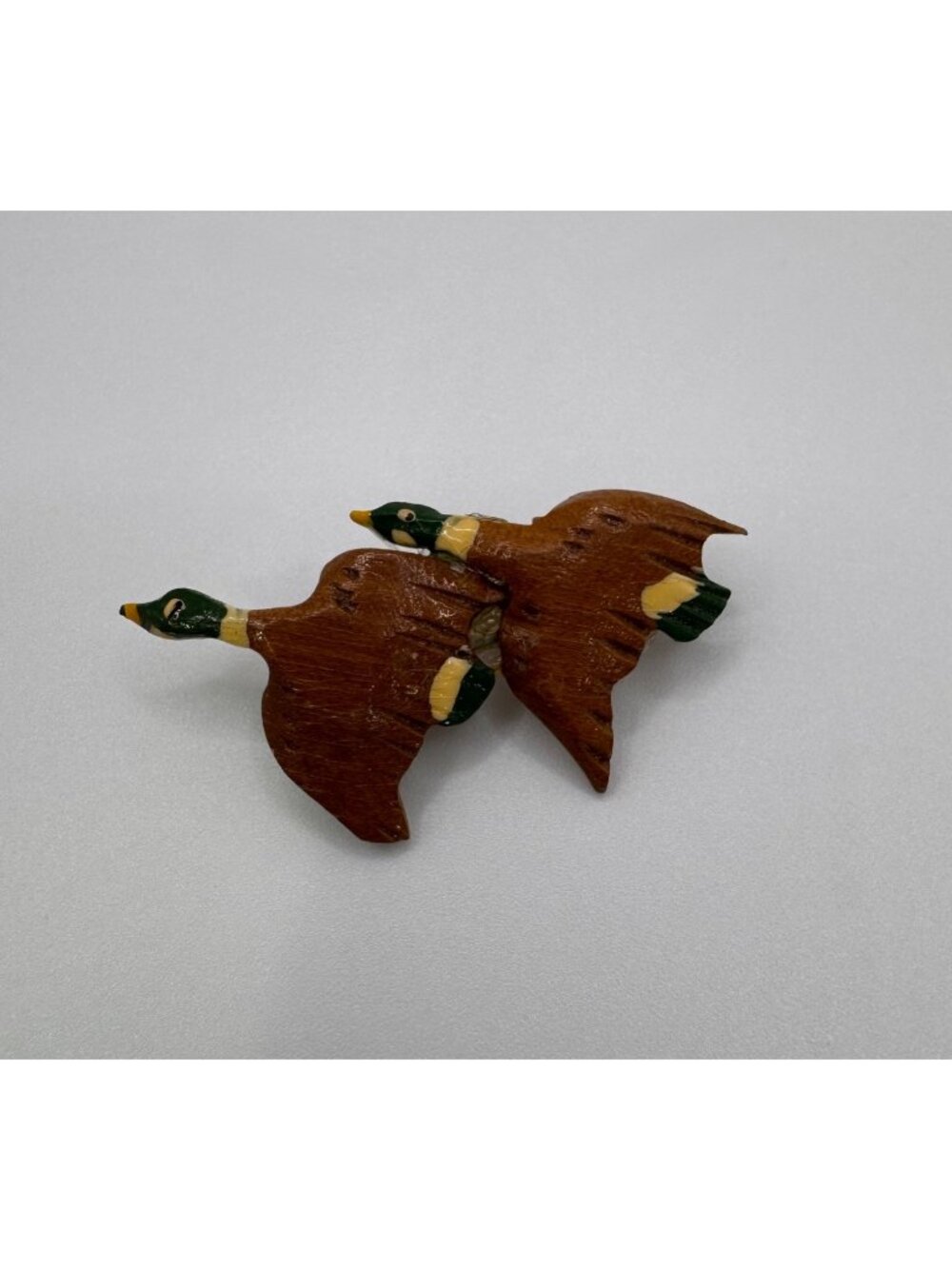 Hand Carved Wooden Mallard Duck Brooch Painted Artisan Bird Figural Pin